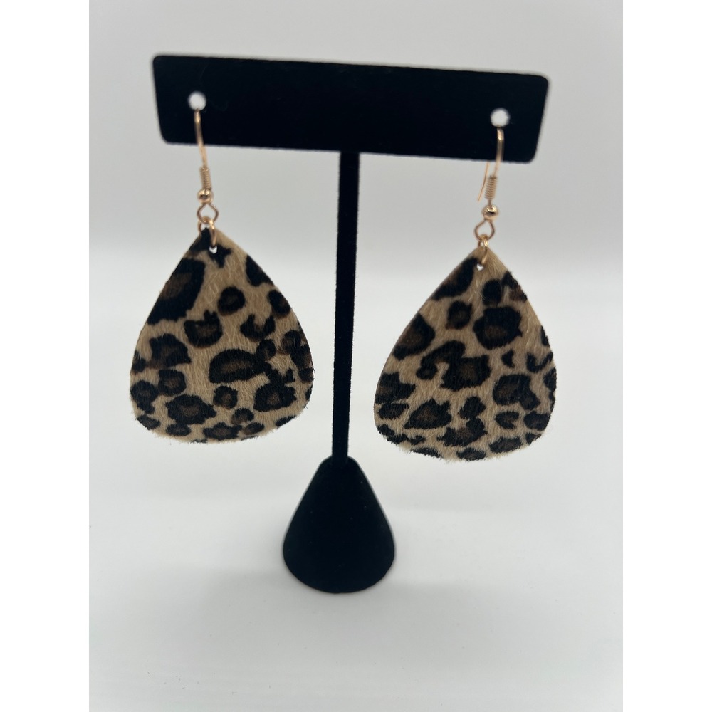 Leopard Print Teardrop Earrings Gold Tone Faux Calf Hair Animal Spotted Dangle